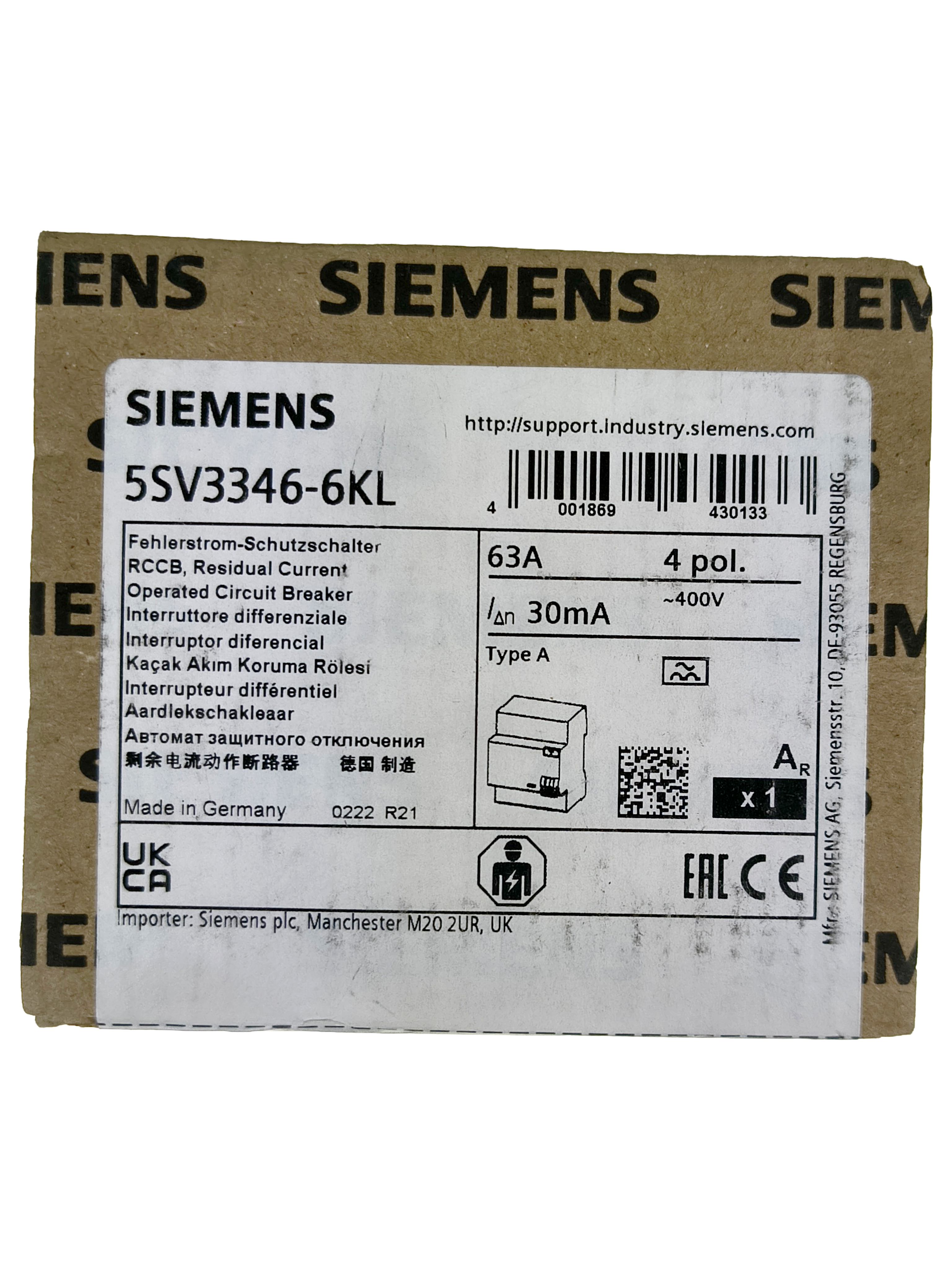 Siemens 5SV3346-6KL Residual current operated circuit breaker, 4-pole, type A, In: 63 A, 3... — Accesorios generales