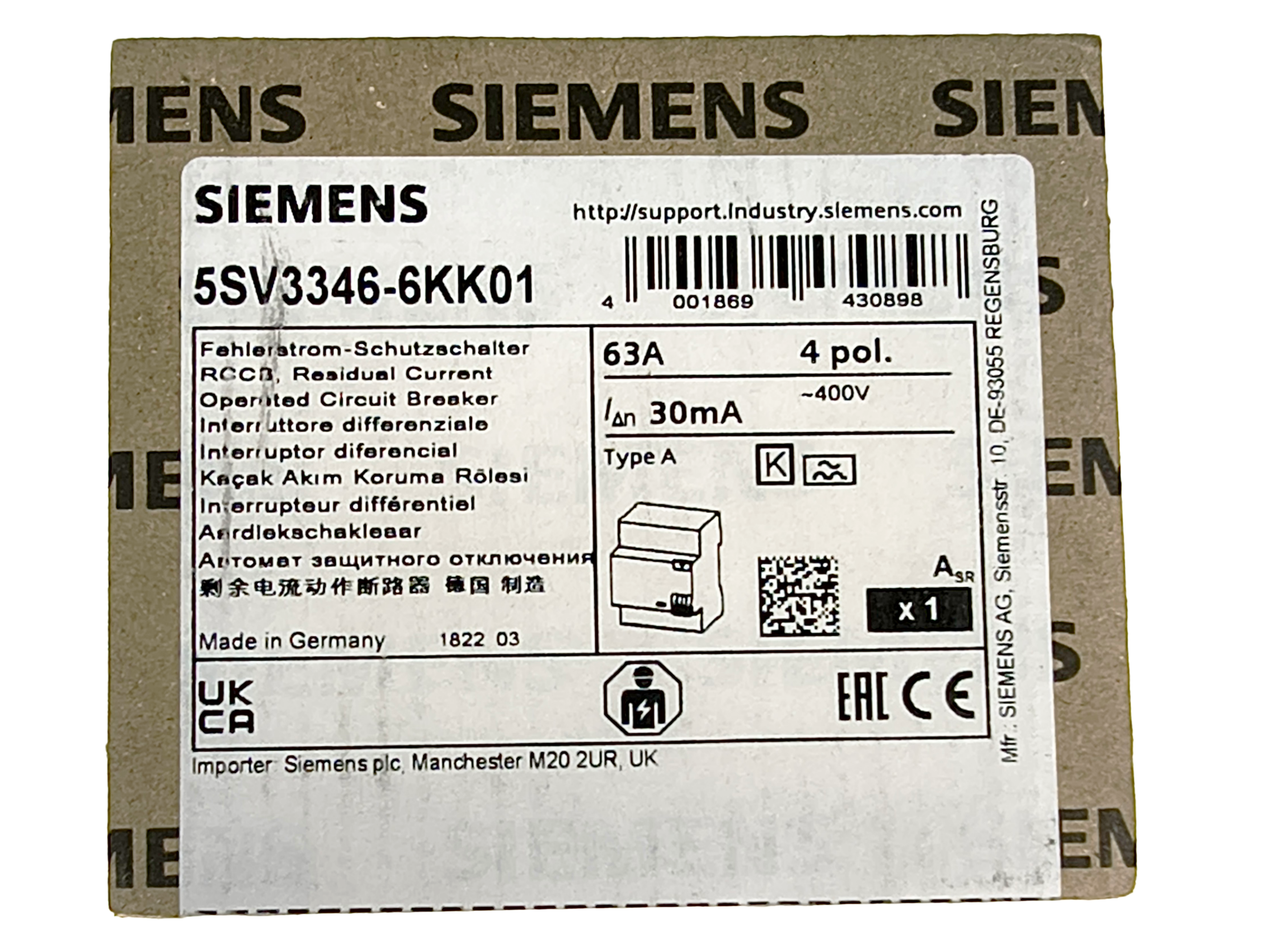 Siemens 5SV3346-6KK01 Residual current operated circuit breaker, 4-pole, type A, short-time ... — PLCs