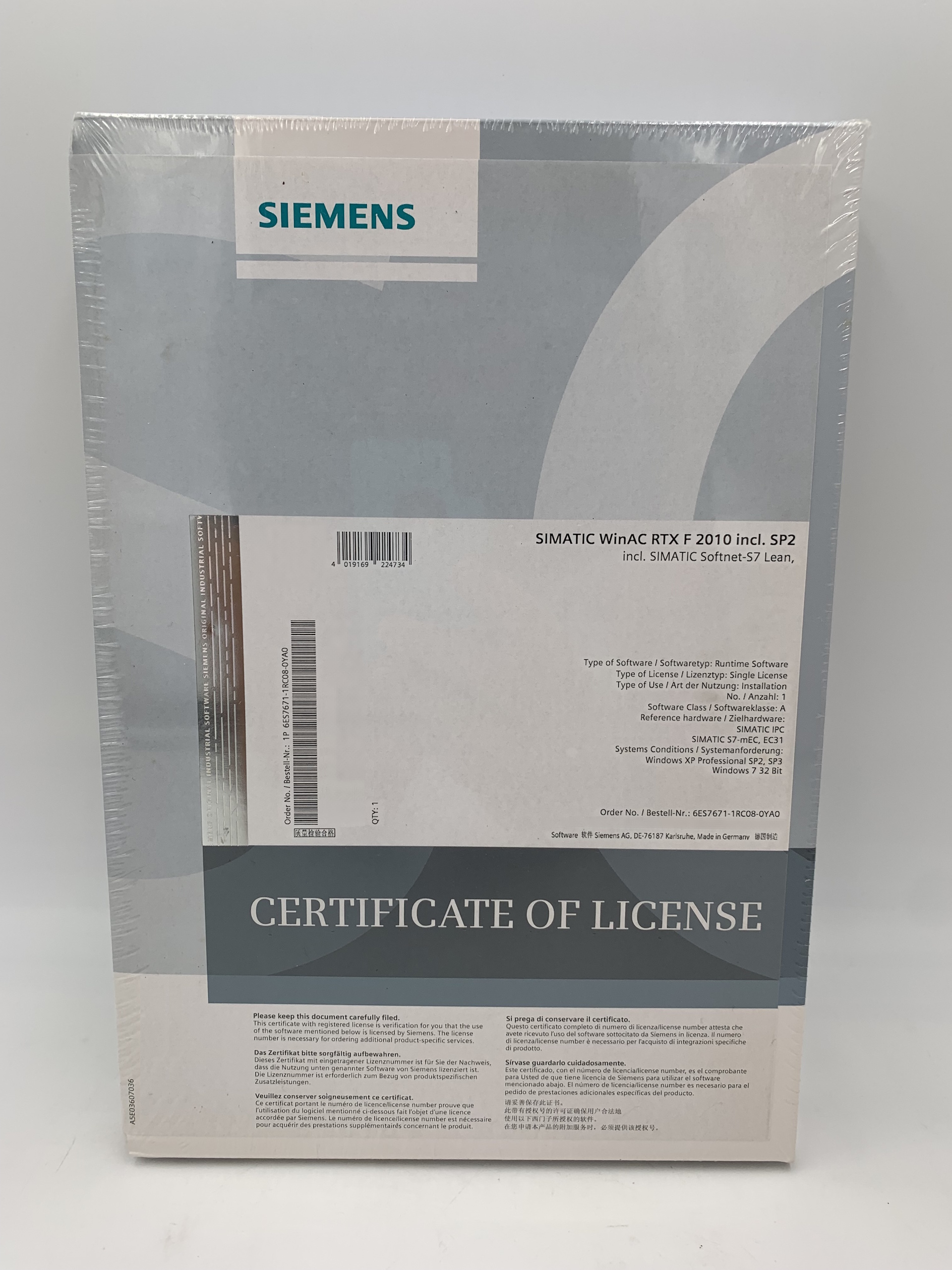 Siemens 6ES7671-1RC08-0YA0 SIMATIC WinAC RTX F 2010, Single License — Controllo e HMI