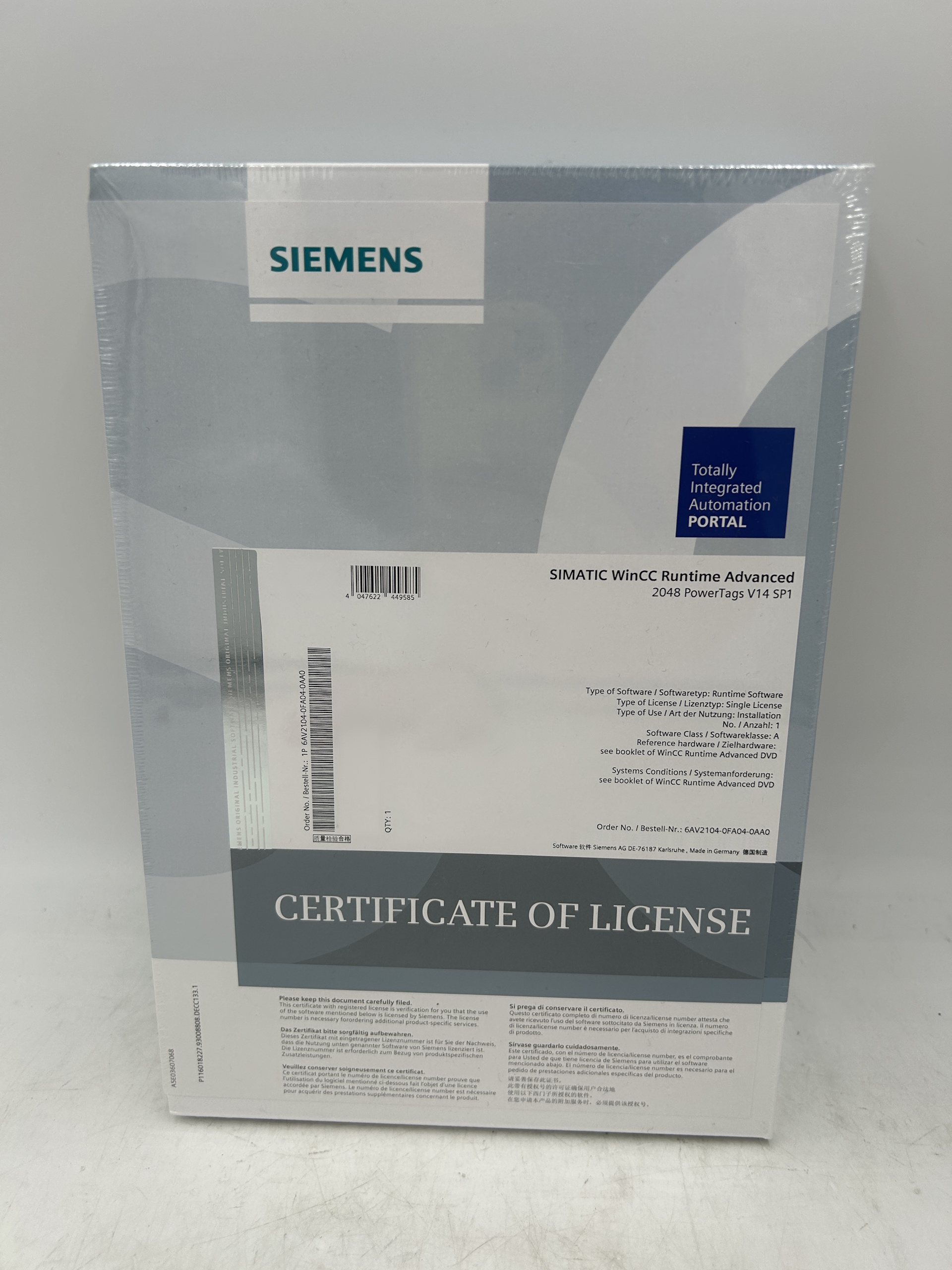 Siemens 6AV2104-0FA04-0AA0 SIMATIC WinCC Runtime Advanced 2048 PowerTags V14 SP1, R-SW in TIA Por... — PLC
